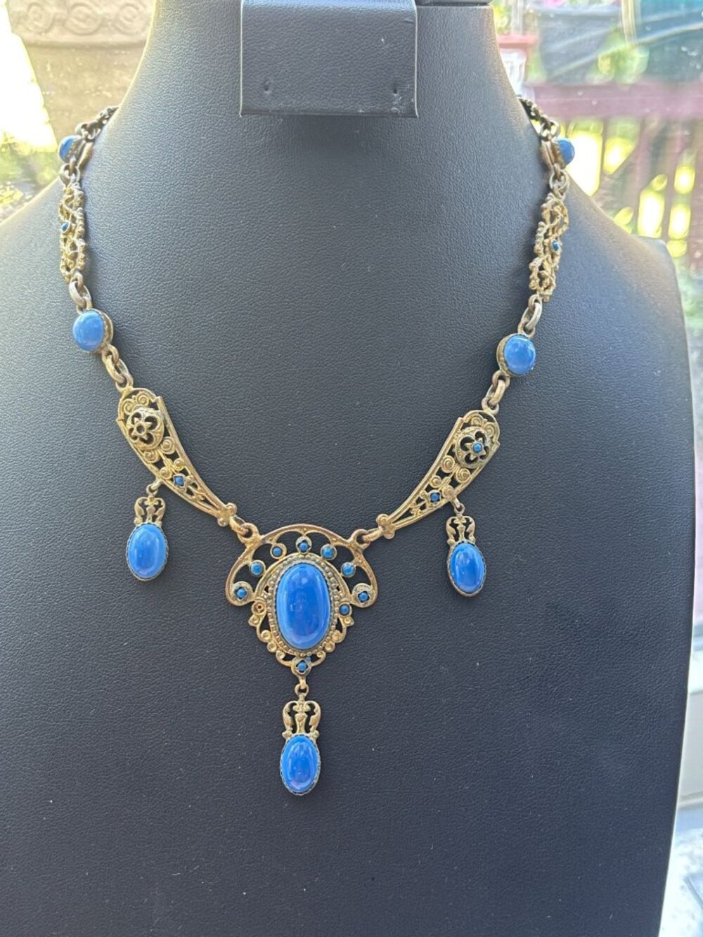Vtg Art Nouveau Blue Glass Stone Gold Tone Necklace Signed Made in France - Picture 14 of 16